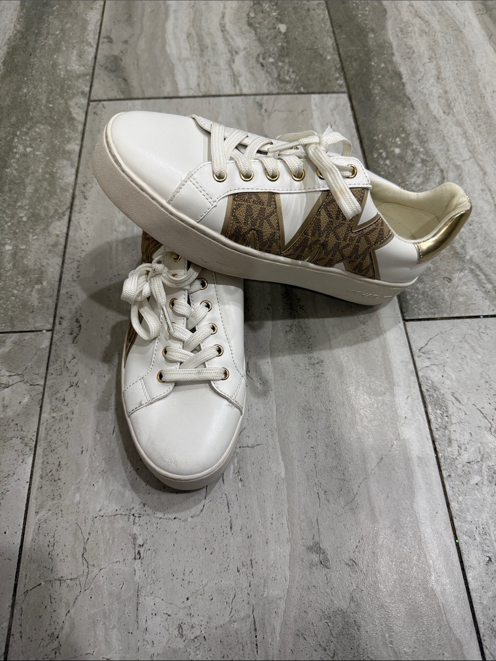 Michael Kors White Sneakers with Brown Logo Panels and Gold Heel